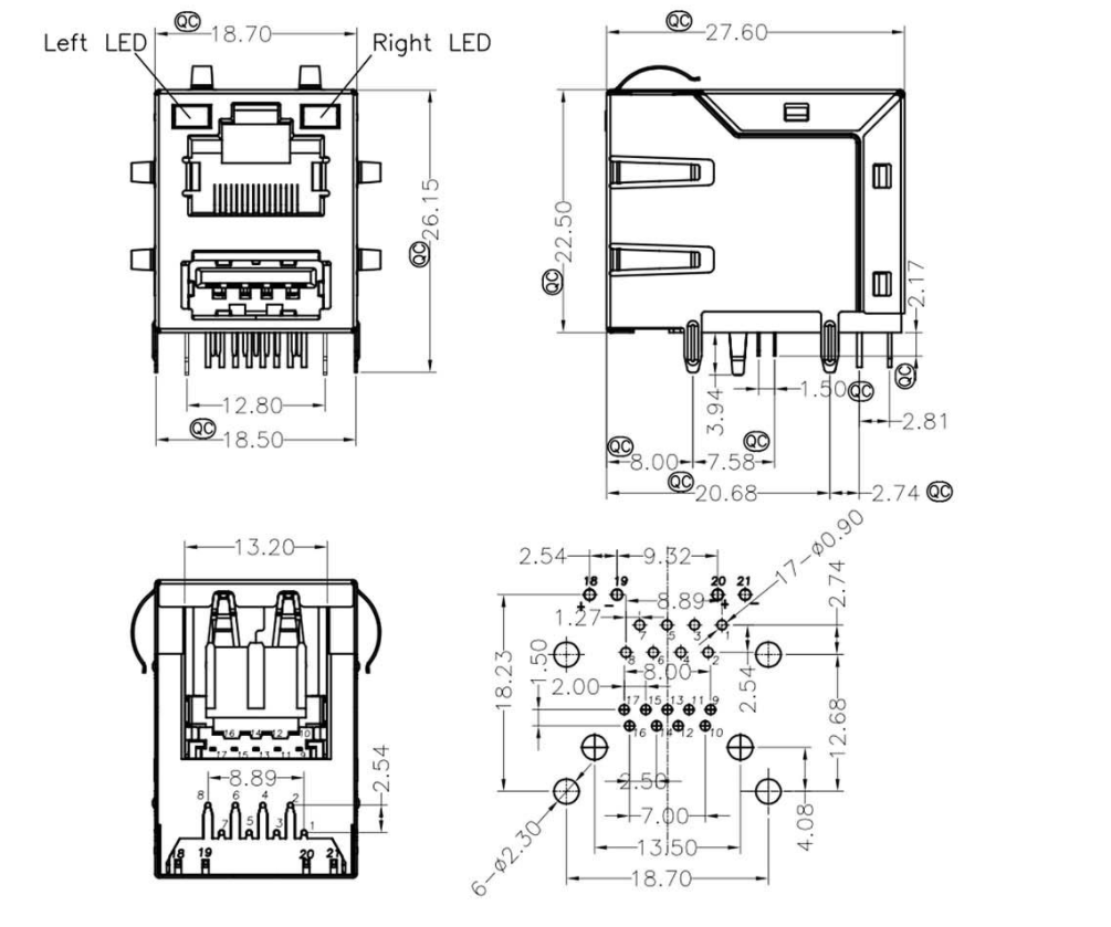 RJ45-8205 全包 帶燈 單層USB2.0 壹體式