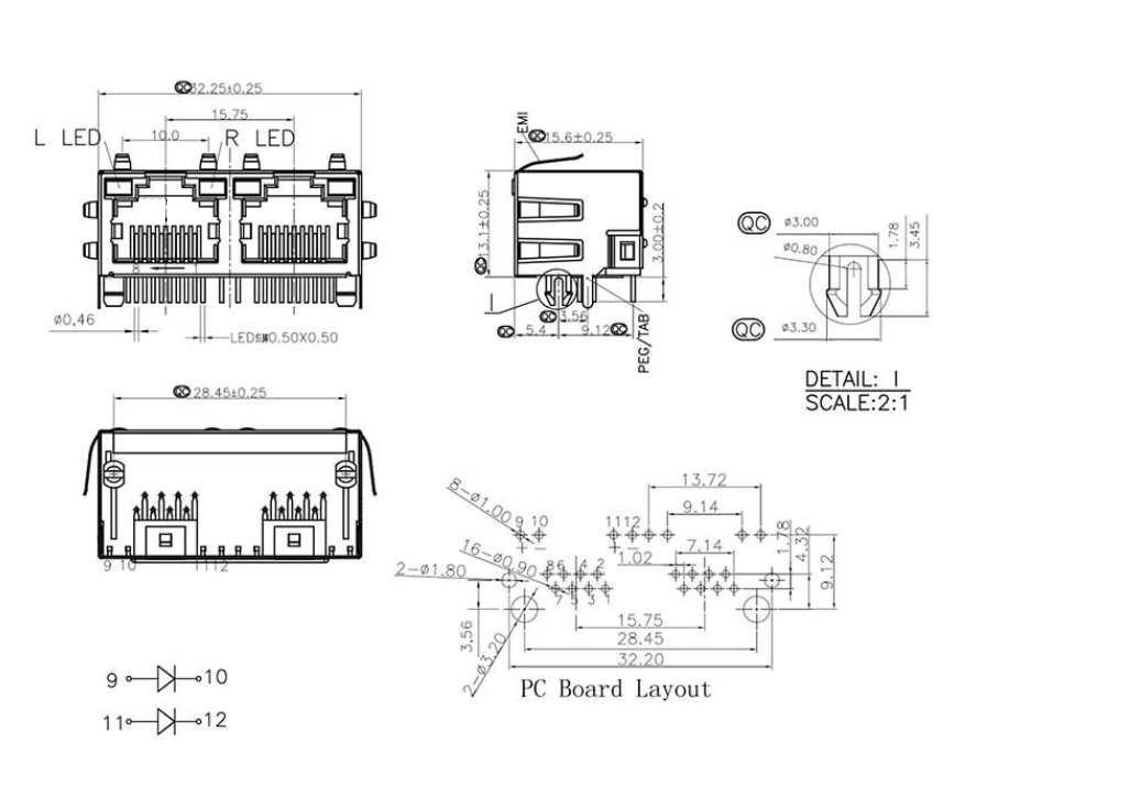 RJ45-9804 1X2 全包 圓針